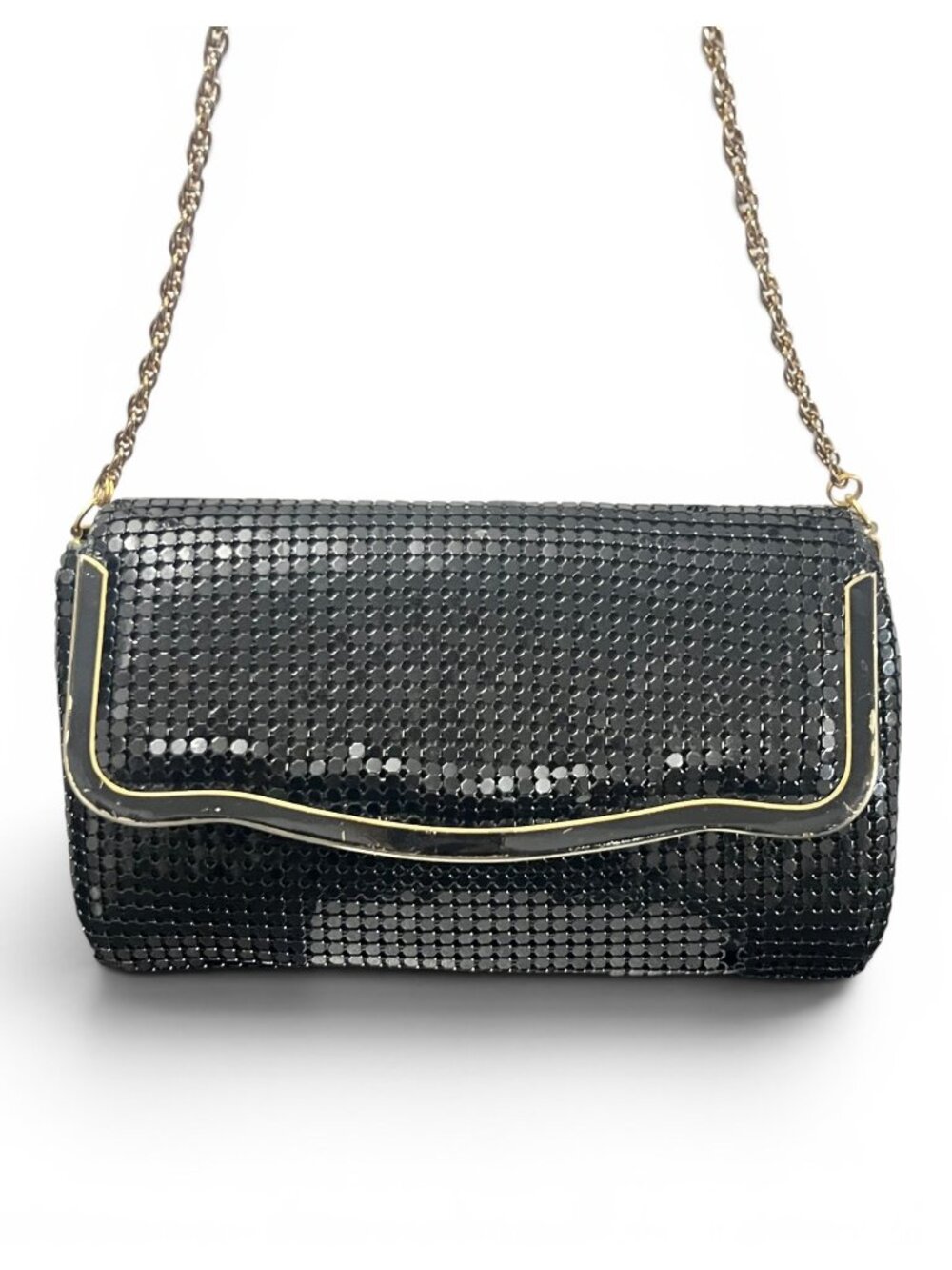 Vintage Black Mesh Shoulder Bag With Gold Chain & Accents Evening Clutch